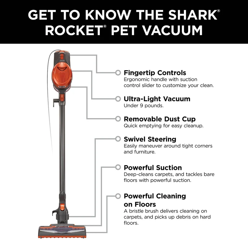 \Rocket Ultra-Light Corded Stick Vacuum HV301 8.5" Cleaning Path Orange