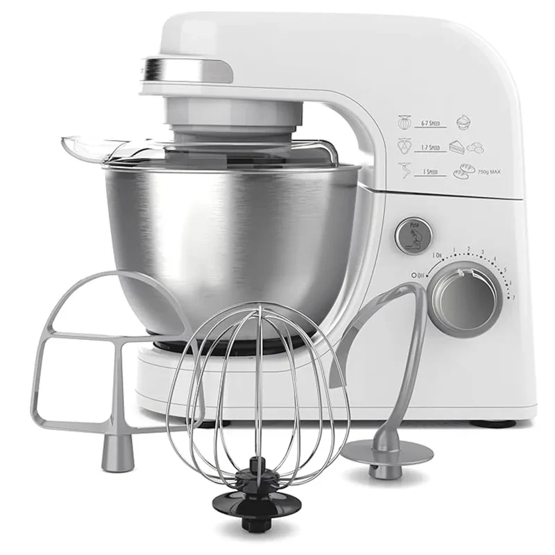 Electric Stand Mixer, 4 Quarts, Dough Hook, Flat Beater Attachments, Splash Guard 7 Speeds with Whisk - White