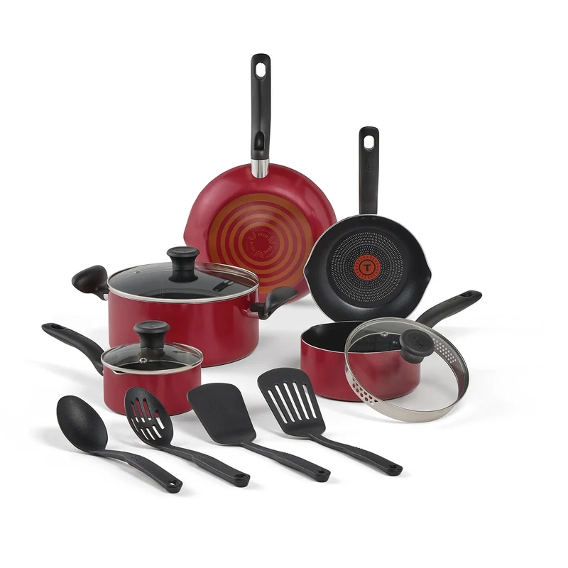 12pc Simply Cook Nonstick Cookware Set Red: Aluminum, Ergonomic Handles, Tempered Glass Lids, Oven-Safe to 350°F