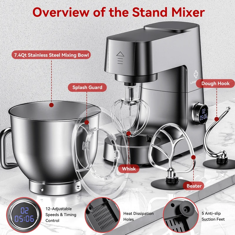 7.4 QT Stand Mixer, 800W 12-Speed Tilt-Head Food Mixer