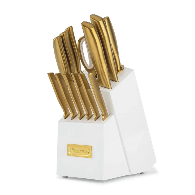 Classic 15pc Gold PVD Stainless Steel Cutlery Block Set - White