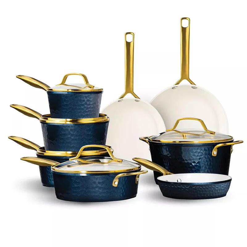 Pro Hammered Collection 13-Piece Ceramic Coating Nonstick Cookware Set - Blue