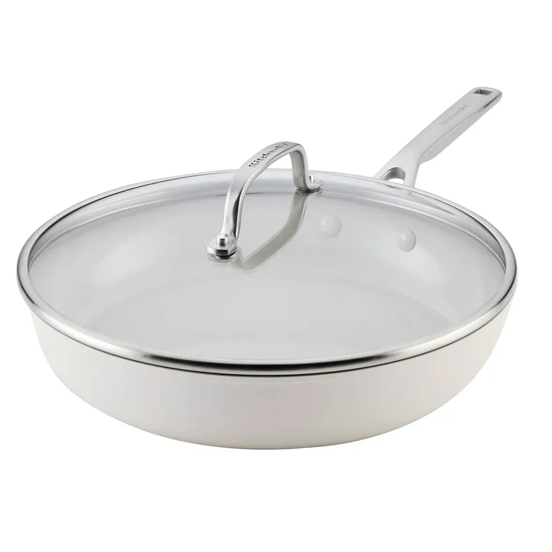 12.25" Hard-Anodized Ceramic Induction Skillet with Lid Porcelain White