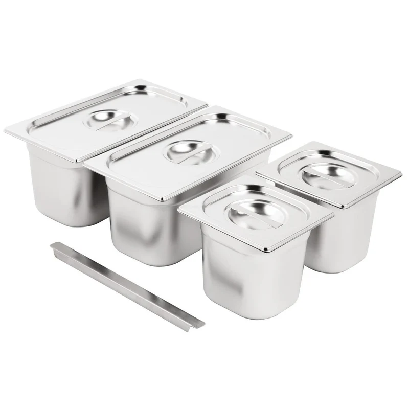 Ensemble de bacs GN 2x 1/3 et 2 x 1/6 en inox avec couvercles Vogue