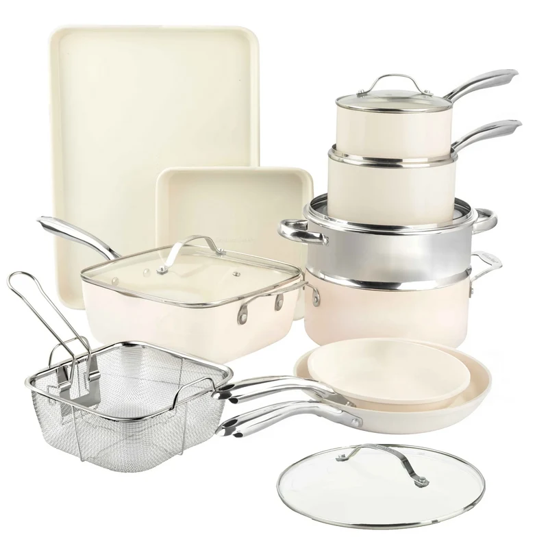 Steel Beige 15 Pc Nonstick Ceramic Cookware and Bakeware Set