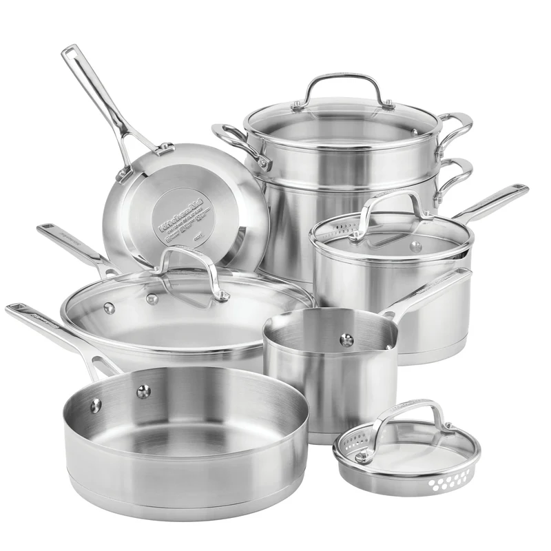 KitchenAid 3-Ply Base Stainless Steel Cookware Set - 11 Piece - Brushed Stainless Steel