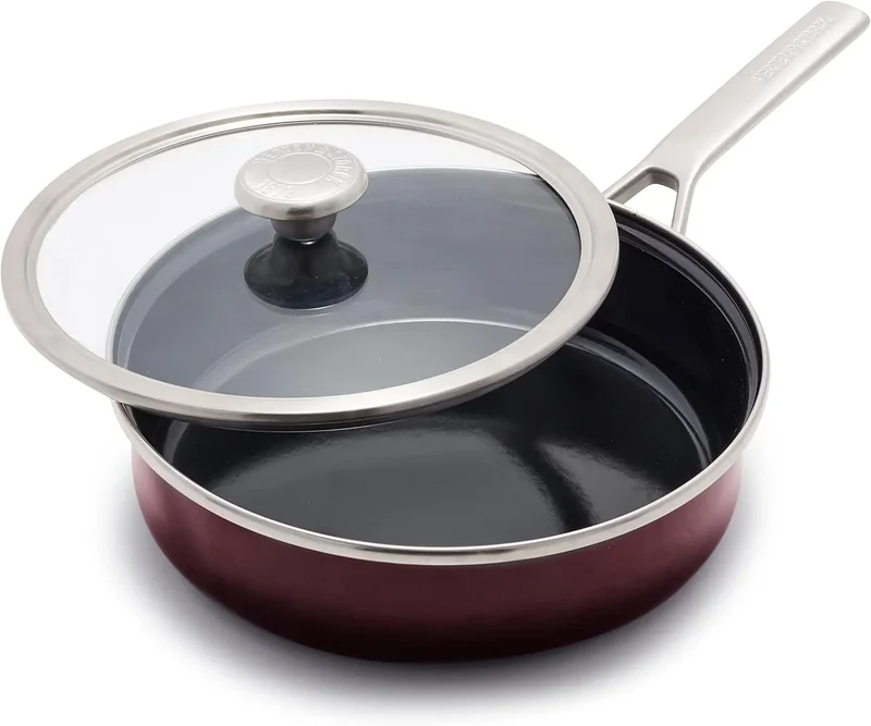 3-Quart Non-Toxic PFAS Free Enameled Sauté Pan With Lid - Merlot Red