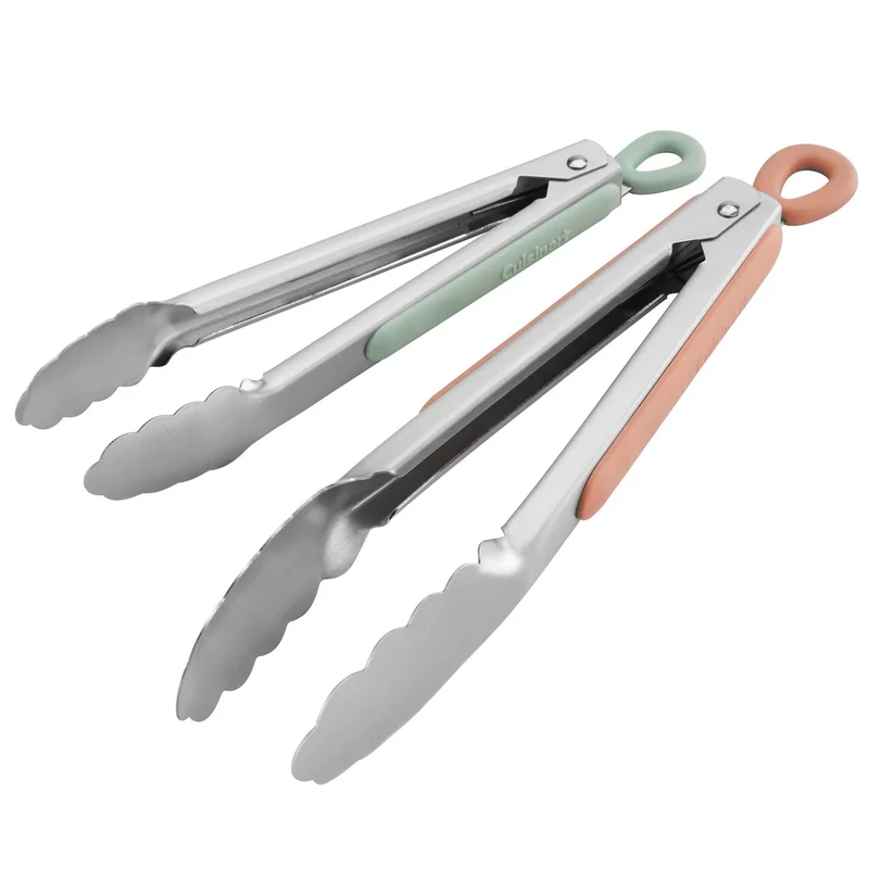 2pc Tong Set: Stainless Steel Kitchen Tongs with Locking Mechanism & Grip Handle
