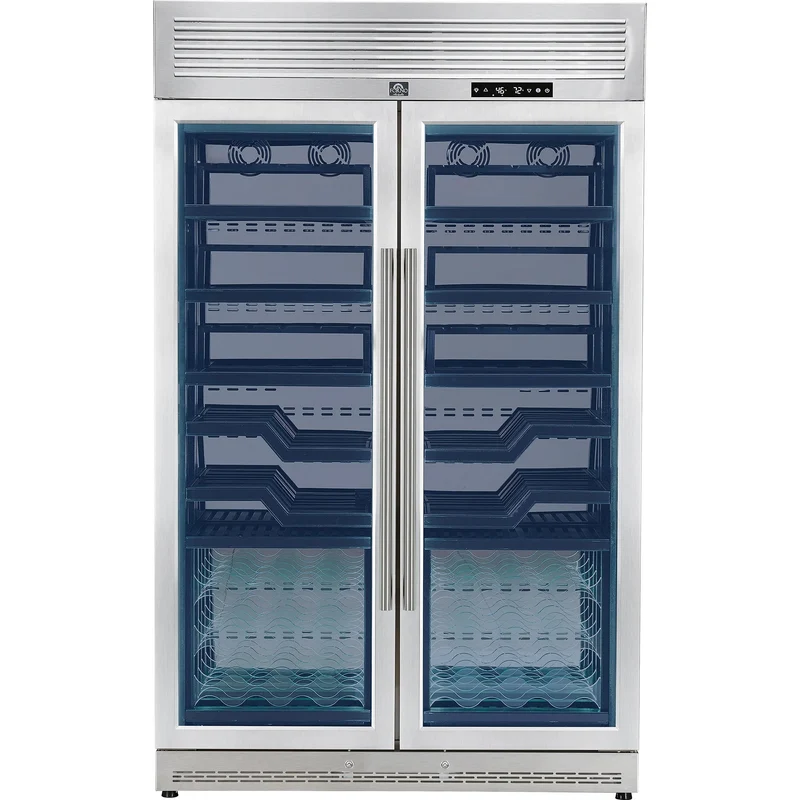 Forno Cellier à vin double zone de 48 po pour 102 bouteilles avec supports en acrylique vert et tablettes noires FWCDR6610-48S
