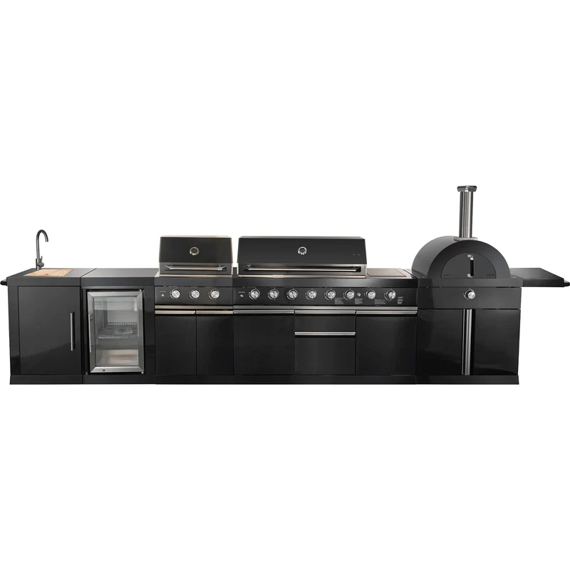 Forno Cuisine extérieure de 87 600 BTU avec barbecue au gaz, four à pizza au gaz, module évier, bar et centre de boissons FODKT2568BLK