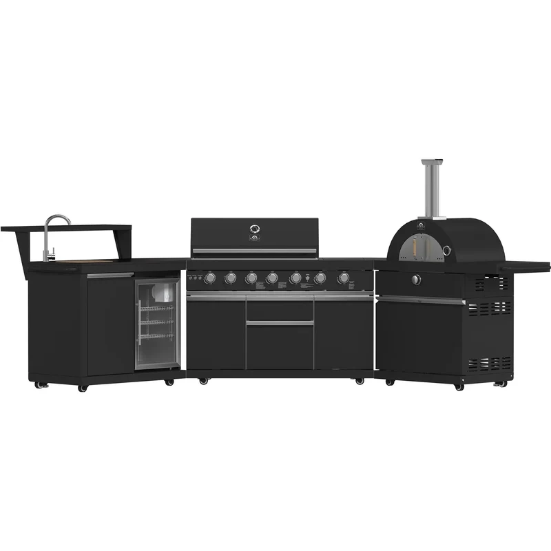 Forno Cuisine extérieure de 87 600 BTU avec barbecue au gaz, four à pizza au gaz, module évier, bar et centre de boissons FODKT2551BLK