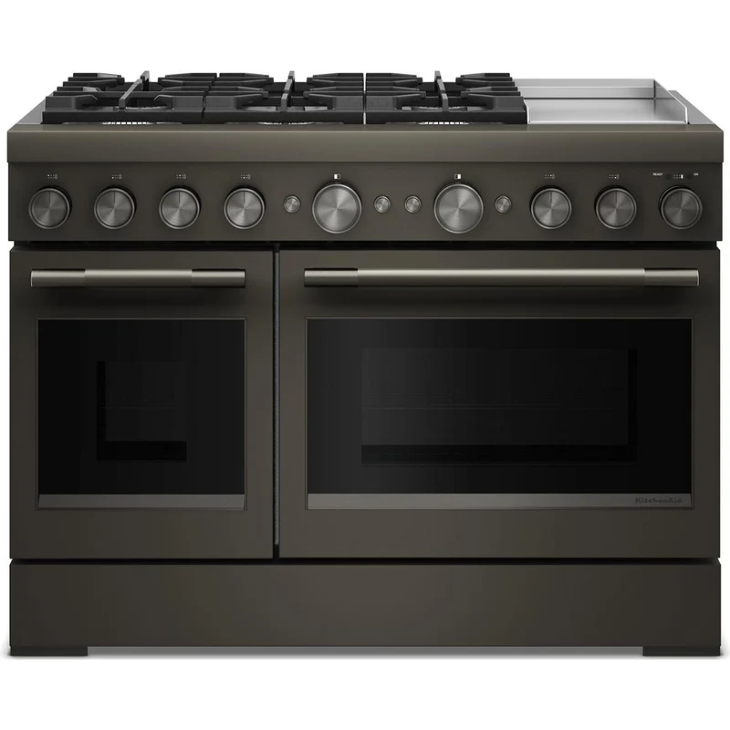 KitchenAid Cuisinière autoportante bi-énergie de style commercial de 48 pouces, 6,3 pi. cu. avec plaque chauffante KFDD948SBE