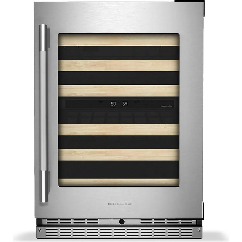 KitchenAid Cellier à vin sous le comptoir de 46 bouteilles avec clayettes à façade en bois à extension complète KUWR524SPS