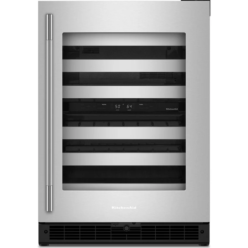 KitchenAid Cellier à vin sous le comptoir de 46 bouteilles avec clayettes à façade métallique à extension complète KUWR324SSB